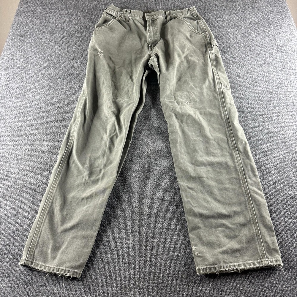 Carhartt Pants Mens 34x32 Green Canvas Carpenter Workwear Distressed Holes